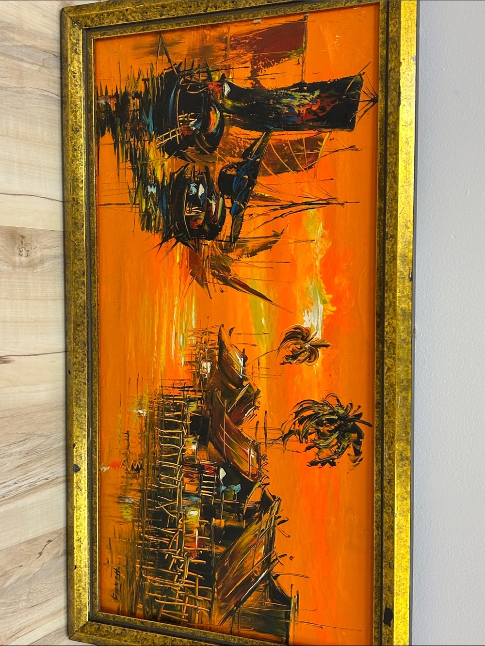Original mid-century Orange Tropical Harbor Oil-Style Wall Art by Heang image 5